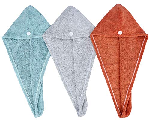 HOPESHINE Microfiber Hair Towel Wrap 3-Pack - Salmon Red, Sea Green, Grey
