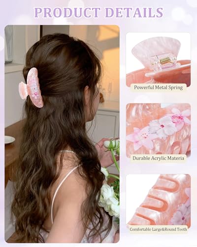 WELROG Floral Print Acrylic Hair Claw Clips - 3 Pack (Pink, Off-White, Purple) | 3.78" Stylish Hair Accessories for Thick Hair