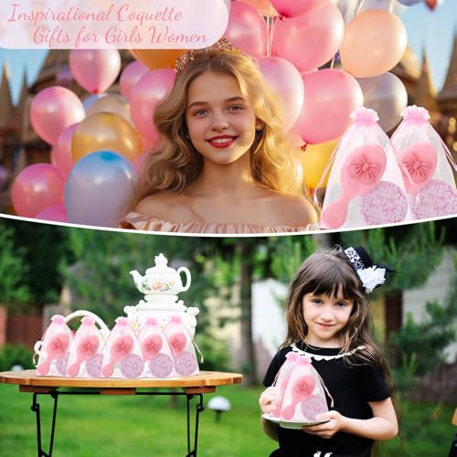 Wonderjune 12 Pink Bow Compact Mirrors & Mini Hair Brushes Set