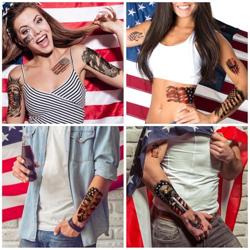 Atydkug Independence Day Temporary Tattoos for Women & Men - 77 Sheets Patriotic Body Art, 17 Large & 60 Small American Flag & Eagle Designs