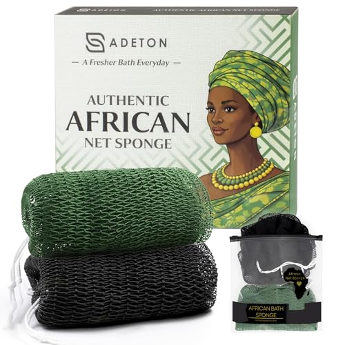 ADETON African Net Sponge Knotted Nylon Loofah Set of 2 - Extra-Long 45" Back Scrub, Black & Green