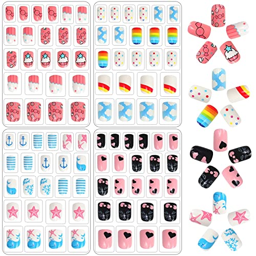 JANYUN 96 Pcs Kids Fake Nails - Short Acrylic Nail Art Set