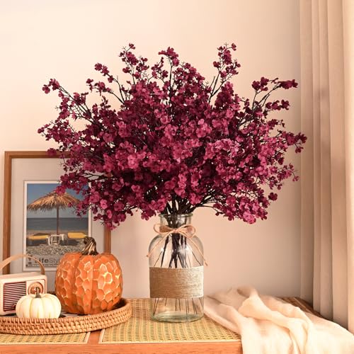 6 Real Touch Silk Baby's Breath Flowers - Wine Red Fall Stems