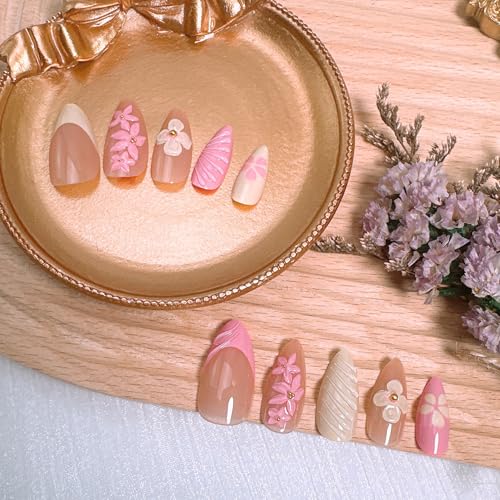 24Pcs French Tip Press on Nails - Floral Acrylic Nail Art