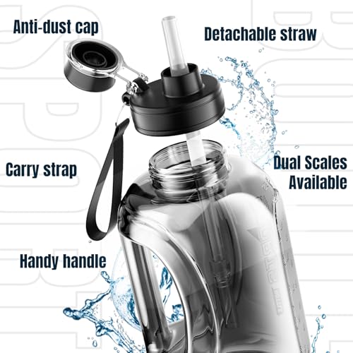 Doseno 60 oz Water Bottle with Straw, Handle & Strap - Black