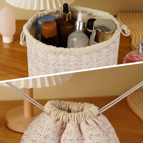 Large Floral Canvas Makeup Bag with Drawstring - Travel Cosmetic Organizer for Women & Girls