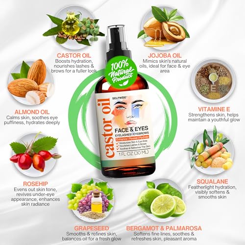 SELFWISE Organic Castor Oil for Face, Eyelash & Eyebrow Growth, Bergamot 1oz