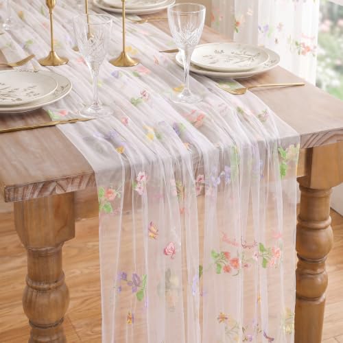 QueenDream Floral Table Runner 10FT White Embroidery Tulle
