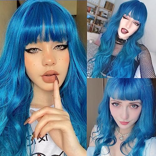 EVLYNN 24-Inch Long Wavy Blue Ombre Wig with Bangs - Heat Resistant Synthetic
