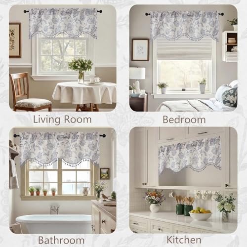 Farmhouse Scalloped Valance - Floral Faux Linen Window Curtain 52x18
