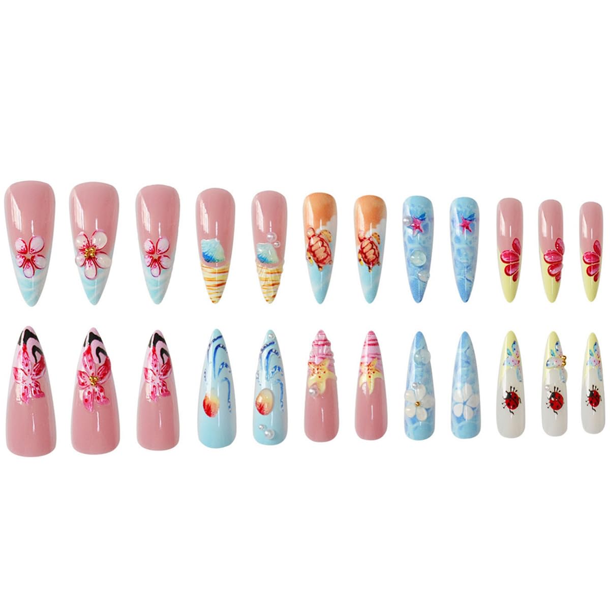 24Pcs Summer Beach Press on Nails Long Stiletto False Nails 3D Ocean Seashell Turtle Starfish with Colorful Flower Design Cute Fake Nails Tropical Vacations Glue on Nail for Women Acrylic DIY