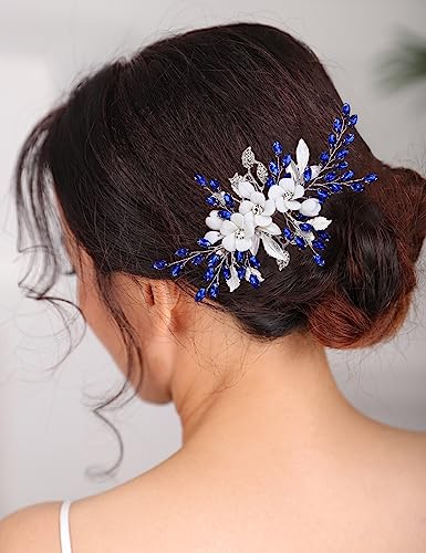 Xerling Royal Blue Rhinestone Flower Hair Barrette for Weddings