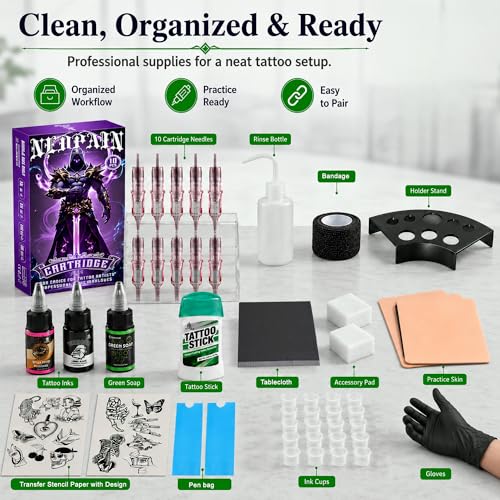 Multicolor Tattoo Practice Kit for Beginners with Skin, Needles, and Supplies