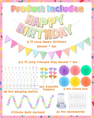 Colorful Happy Birthday Party Decorations Set - Banner & Swirls