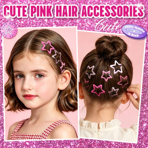 YGDZ 30PCS Y2K Pink Star Hair Clips Set - Glitter Barrettes & Snap Clips