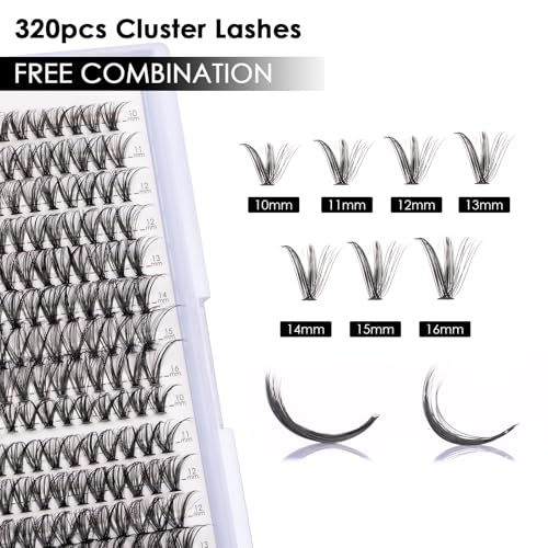 Lash Clusters DIY Lash Extensions Kit 320pcs Individual Lashes Clusters 30D 40D Eyelash Extension Kit with Applicator and Lash Bond&Seal,Clusters Lash Glue Remover Mix 10-16mm (30D+40D-320 KIT)