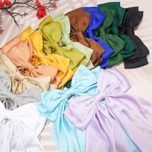 Sapphire Blue Silky Satin Large Hair Bow Clips for Women