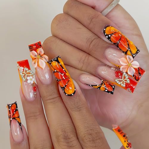 24 Pcs Autumn Butterfly Press-On Nails with 3D Flower Design