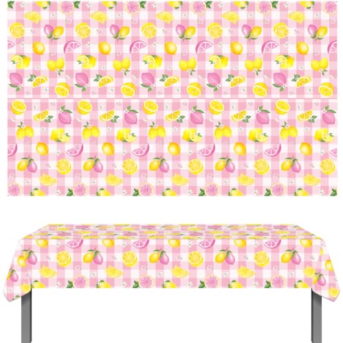 2-Pack Pink Plaid Lemon Tablecloths | Waterproof Floral Print