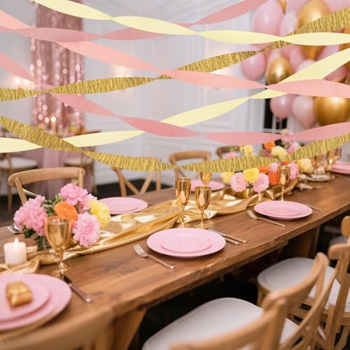 Pink Gold Crepe Paper Streamers - 8 Rolls for Parties & Events