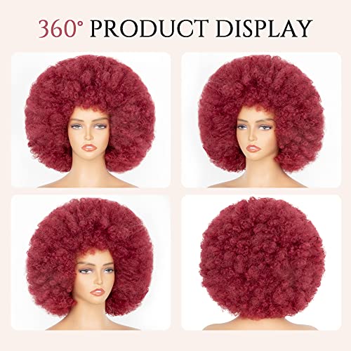 Aminow Burgundy Wine Red 70's Afro Wig for Women - Short Curly Synthetic Costume Hair with Bangs, Glueless & Fluffy for Cosplay & Parties