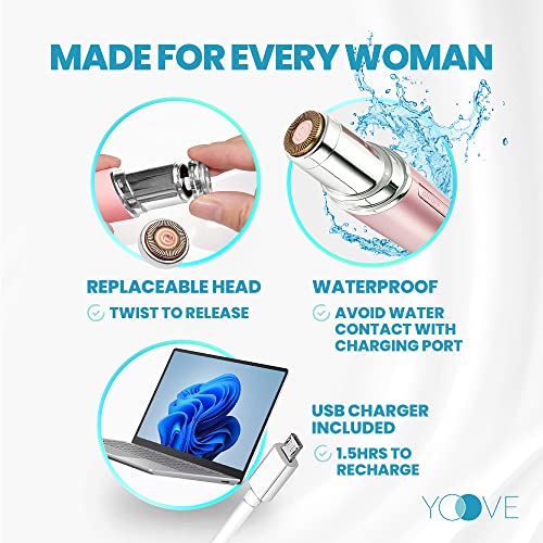 Yoove Rose Pink Rechargeable Facial Hair Remover for Women - Waterproof & Painless Peach Fuzz Removal