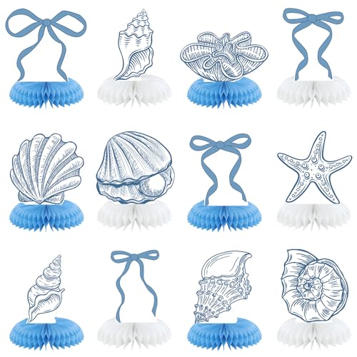 12 Pcs Blue Bow & Seashell Honeycomb Centerpieces for Parties