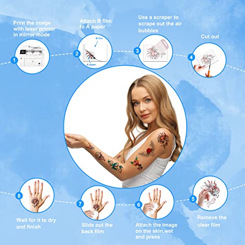 MECOLOUR Printable Temporary Tattoo Paper for Laser Printers - White, 10 Sheets
