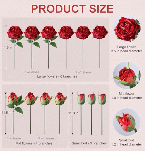 Bright Red Austin Rose Silk Flowers - 13 Branches for Wedding & Decor