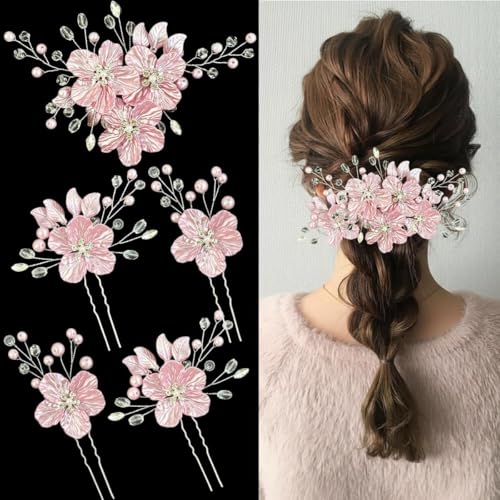Pink 5 Pack Large Flower Bridal Hair Pins with Crystal Pearls – Wedding Clips Set