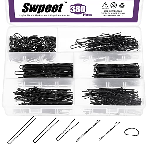 Swpeet Black Hair Pins & Elastics Kit - 380Pcs for Stylish Updos & Hair Styling