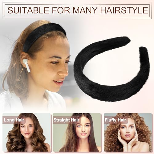 VOCOSTE Fluffy Black Plush Headband - Soft Elastic Hair Accessory