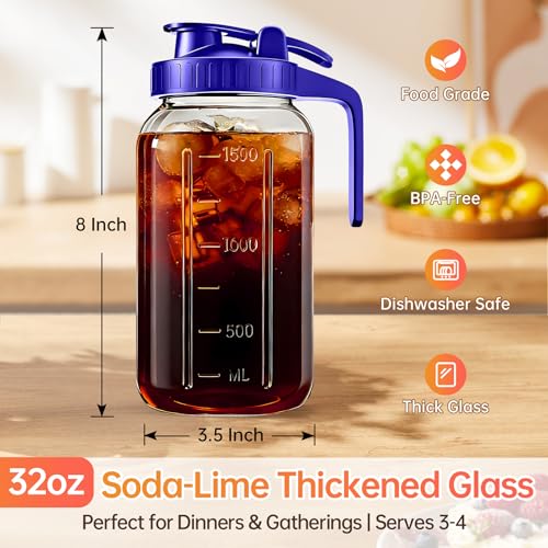 32oz Glass Pitcher with Lid - Airtight Mason Jar for Cold Beverages