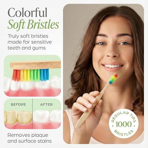 UVRA Rainbow Bamboo Toothbrush 10 Pack - Eco-Friendly Organic, Charcoal Infused Soft Bristles, Plastic-Free, Gentle for Sensitive Teeth