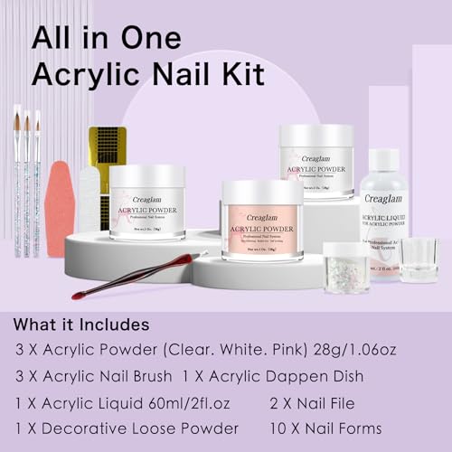 Creaglam 3-Color Acrylic Nail Kit (Clear/Nude/White) with 60ml Liquid & 28g Powder | Beginner Friendly Gel Glue & Nail Forms