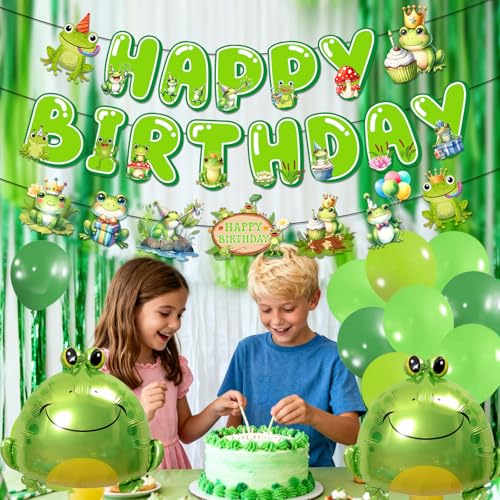 Frog Birthday Decorations Set - Happy Birthday Banner & Balloons
