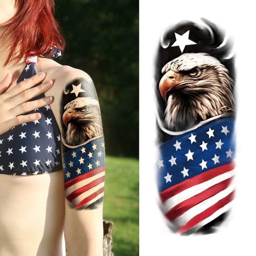 Atydkug Independence Day Temporary Tattoos for Women & Men - 77 Sheets Patriotic Body Art, 17 Large & 60 Small American Flag & Eagle Designs