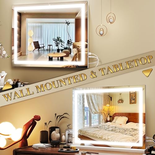 ROLOVE 23x18 Inch Lighted Vanity Mirror, 3-Color Dimmable LED & Touch Control - Large Makeup Mirror for Dressing Room (Wall/Tabletop Mount)