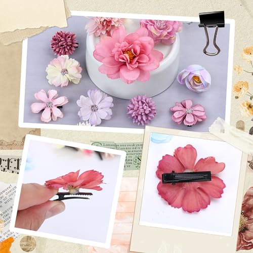 32 Pcs Handmade Flower Hair Clips - Pink & Blue Rose Barrettes