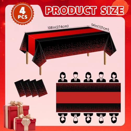 Disposable Black and Red Tablecloth Set - 2-in-1 Rectangular Party Cover (54x108")