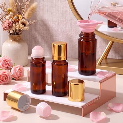 Novabright 2 Pack Pink Rose Quartz Roller Bottles 50ml - Amber Glass Applicators for Essential Oils & Perfumes