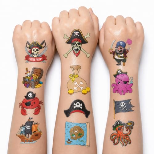 Pirate Temporary Tattoos for Kids - 60 Pre-Cut Party Favors