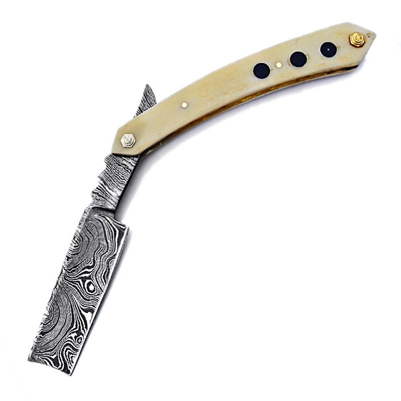 Damascus Steel Straight Razor Folding Razor With Shaving Ready Classic Barber Blade Edge, Men Straight Razor, Leather Case + Strop, Close Shave, Great Gift R-79