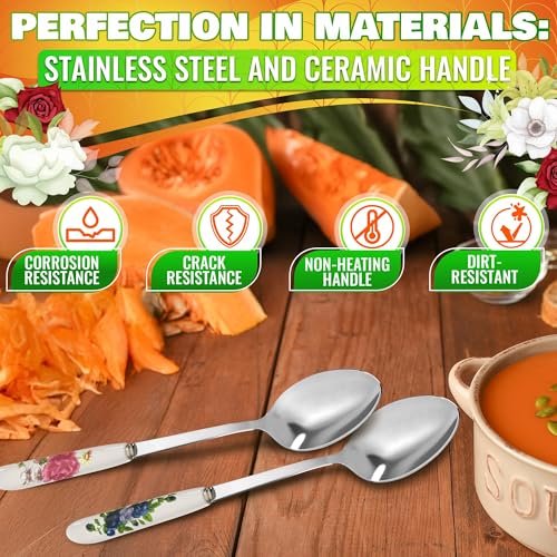 Ceramic Handle Stainless Steel Tablespoons Set of 6 - Floral Design