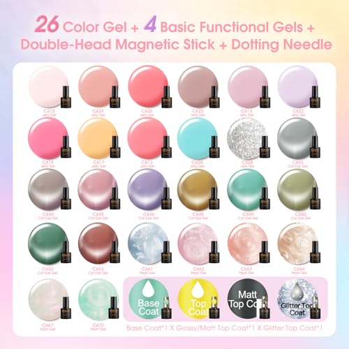 ROSALIND 30pcs Jelly Cat Eye Gel Nail Polish Set - White Moonlight
