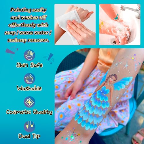 CORALMEE 16Pcs Dual-Tip Temporary Tattoo Markers Kit with 43 Stencils & 50 Stickers
