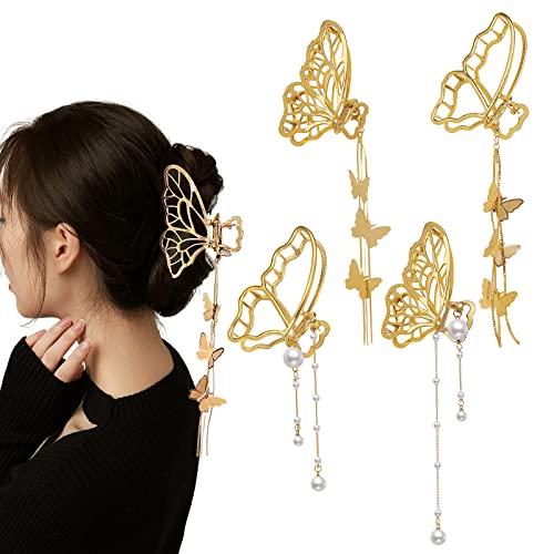 DonLeeving Butterfly Tassel Hair Clips 4 Pack - Big Gold Non-slip Claw Accessories for Women & Girls
