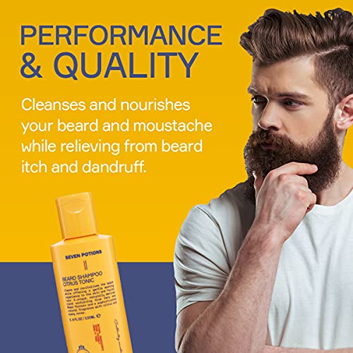 SEVEN POTIONS Beard Shampoo for Men, Natural Citrus Tonic Wash, 3.4 Fl Oz