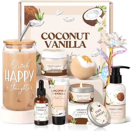 8-Piece Vanilla Coconut Spa Gift Set for Women with Glass Cup