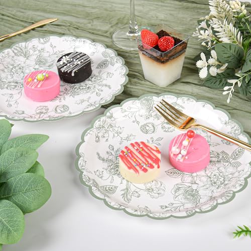 Sage Green Floral Paper Plates - 9in Scalloped, 24 Count